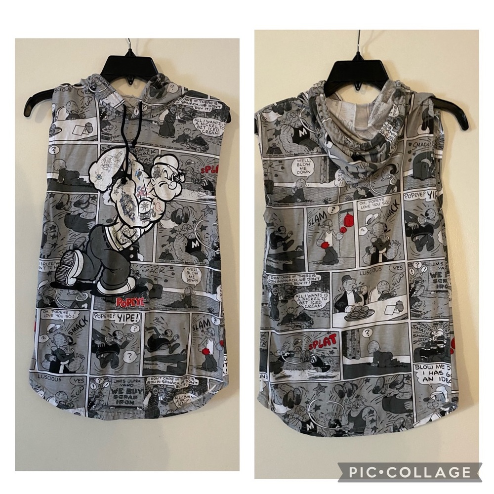 Popeye sleeveless hoodie is a size Small.